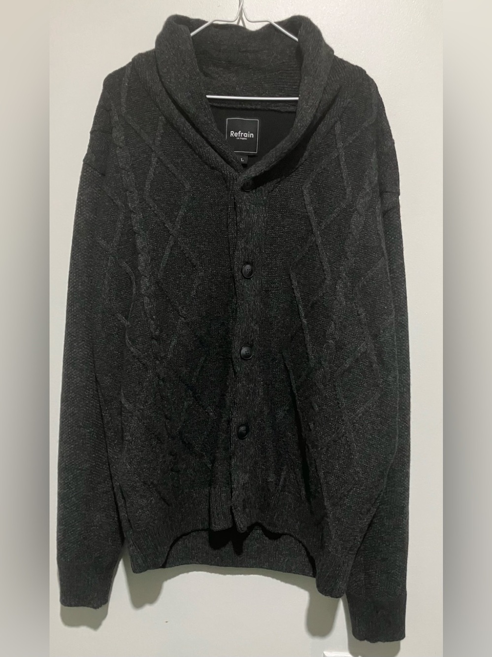 Men's Black cable knit cardigan sweater Shawl Collar Button Sweater from Refrain